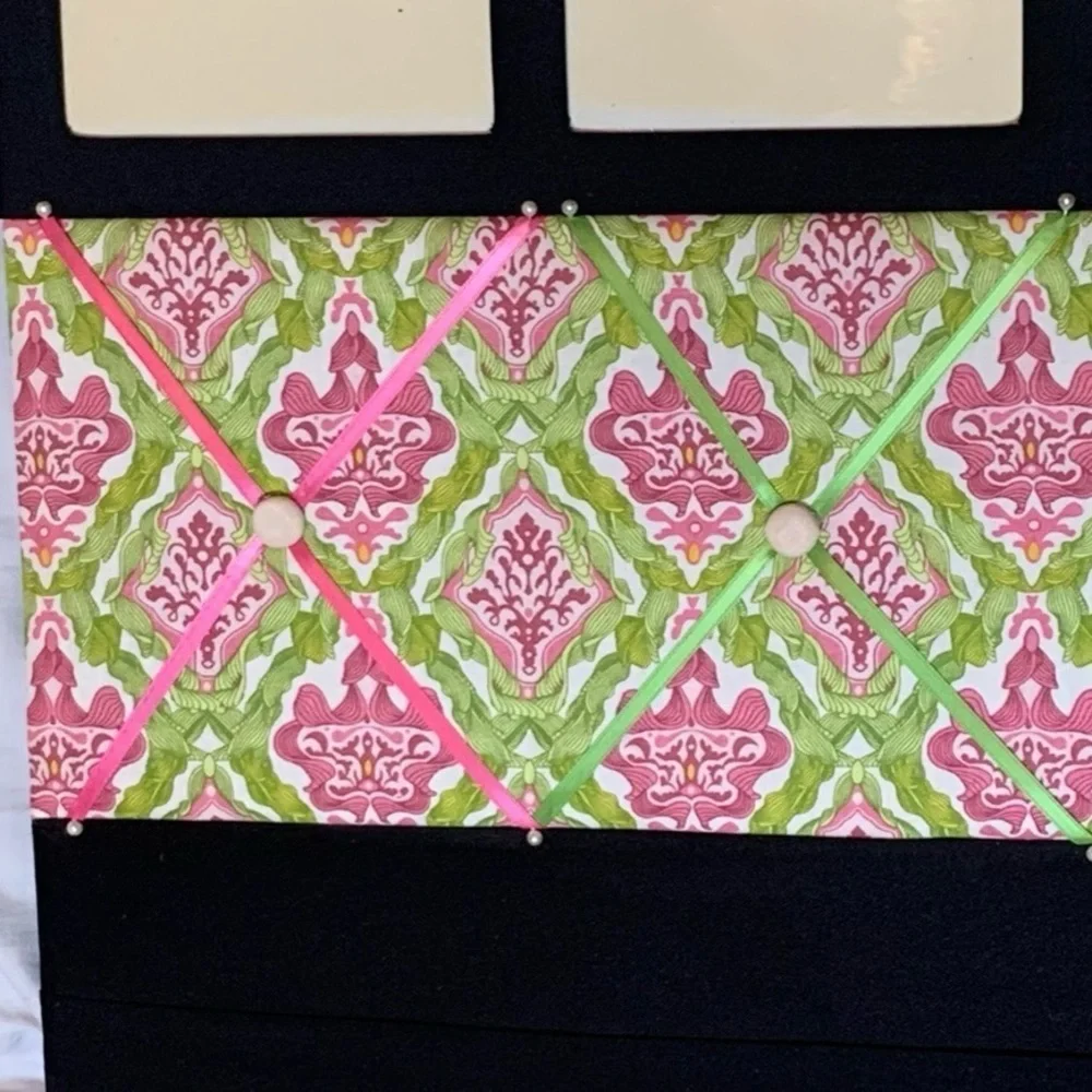 Pink and Green Damask Fabric Memory/Memo Photo Bulletin Board, [18”x20”] Custom